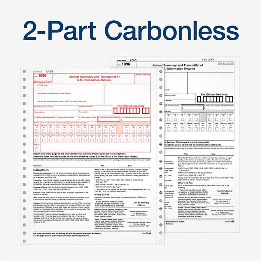 1096 Tax Form for Dot Matrix Printers, Fiscal Year: 2023, Two-Part Carbonless, 8 x 11, 10 Forms Total