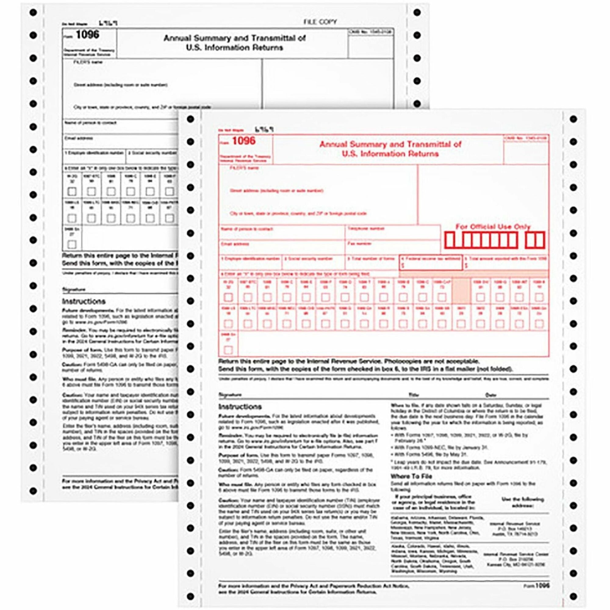 1096 Tax Form for Dot Matrix Printers, Fiscal Year: 2023, Two-Part Carbonless, 8 x 11, 10 Forms Total