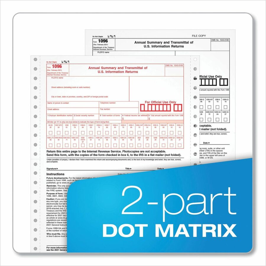 1096 Tax Form for Dot Matrix Printers, Fiscal Year: 2023, Two-Part Carbonless, 8 x 11, 10 Forms Total