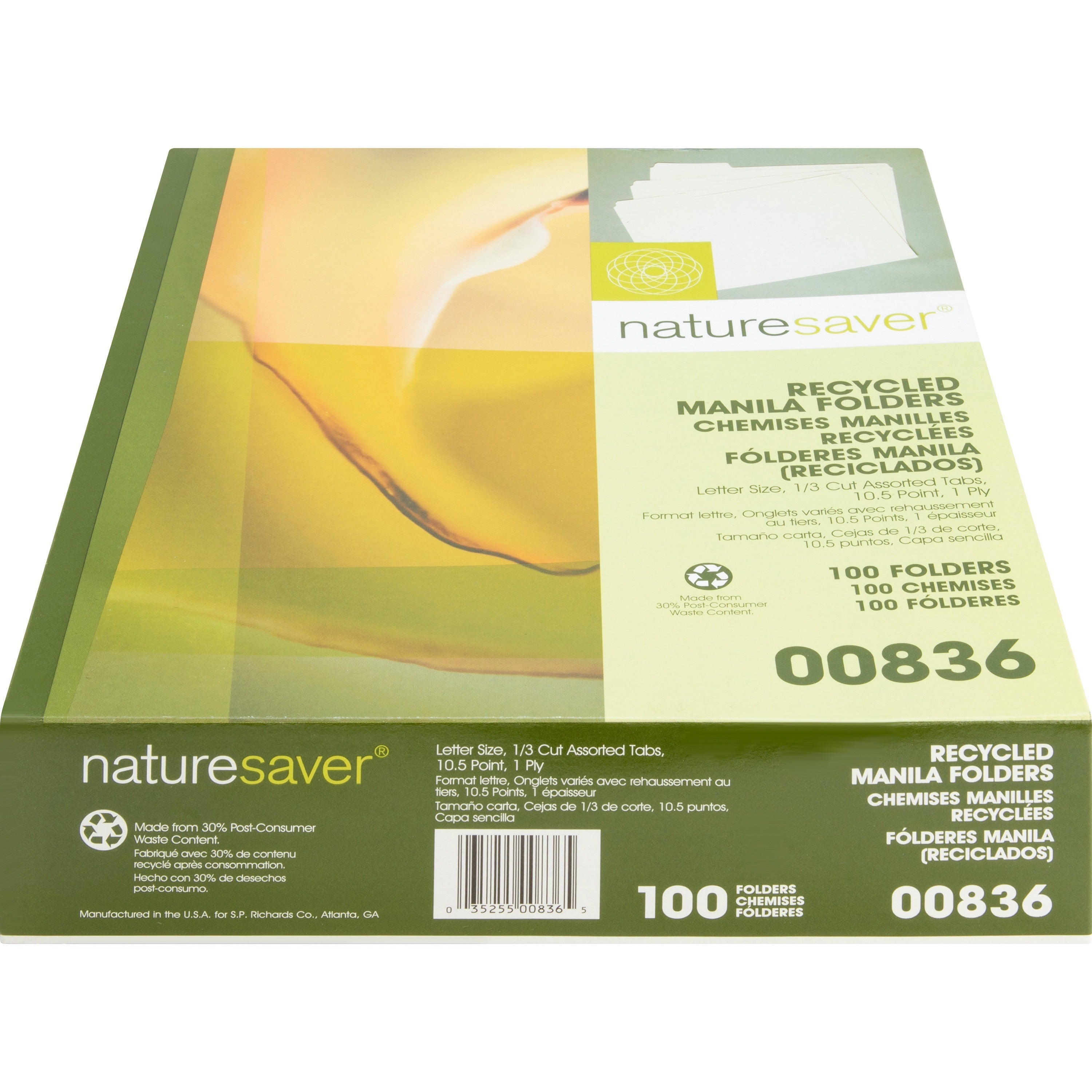 Nature Saver 1/3 Tab Cut Letter Recycled Top Tab File Folder - 8 1/2" x 11" - 3/4" Expansion - Top Tab Location - Assorted Position Tab Position - Manila - Manila - 100% Recycled - 100 / Box - 