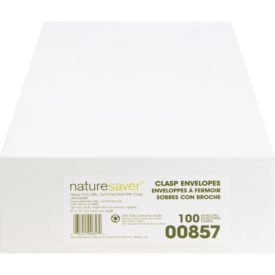 Nature Saver Recycled Clasp Envelopes - Clasp - #90 - 9" Width x 12" Length - 28 lb - Clasp - Kraft - 100 / Box - Yellow