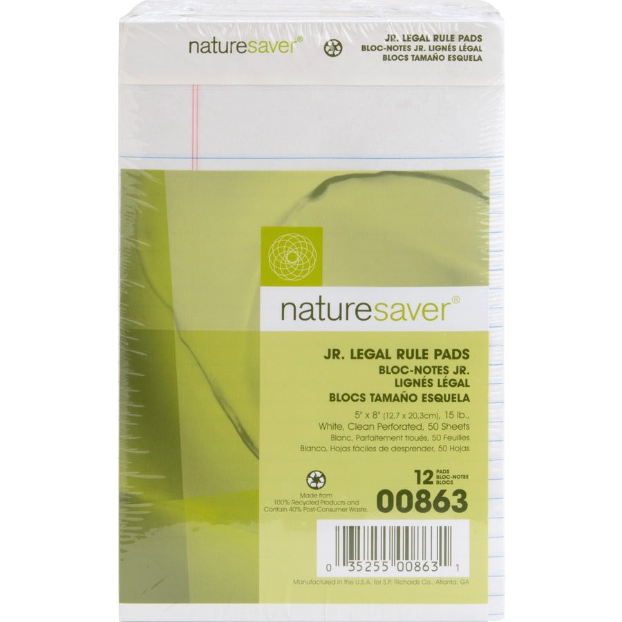 Nature Saver 100% Recycled White Jr. Rule Legal Pads - Jr.Legal - 50 Sheets - 0.28" Ruled - 15 lb Basis Weight - Jr.Legal - 5" x 8" - White Paper - Perforated, Back Board - Recycled - 1 Dozen