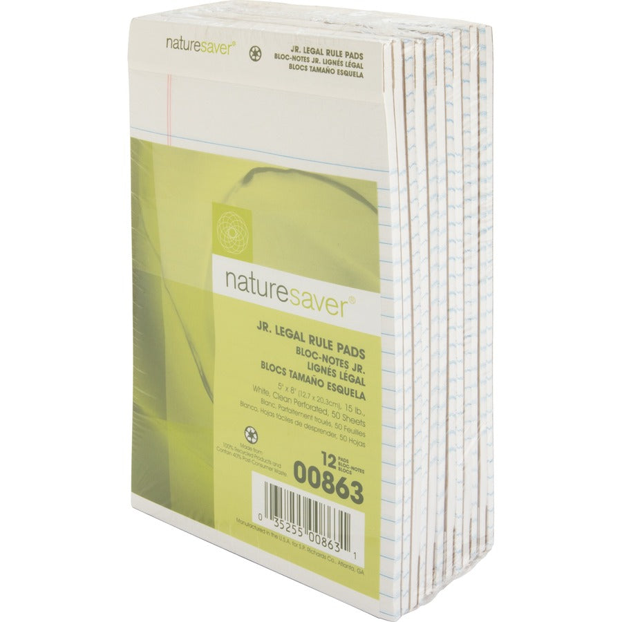 Nature Saver 100% Recycled White Jr. Rule Legal Pads - Jr.Legal - 50 Sheets - 0.28" Ruled - 15 lb Basis Weight - Jr.Legal - 5" x 8" - White Paper - Perforated, Back Board - Recycled - 1 Dozen