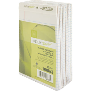 Nature Saver 100% Recycled White Jr. Rule Legal Pads - Jr.Legal - 50 Sheets - 0.28" Ruled - 15 lb Basis Weight - Jr.Legal - 5" x 8" - White Paper - Perforated, Back Board - Recycled - 1 Dozen