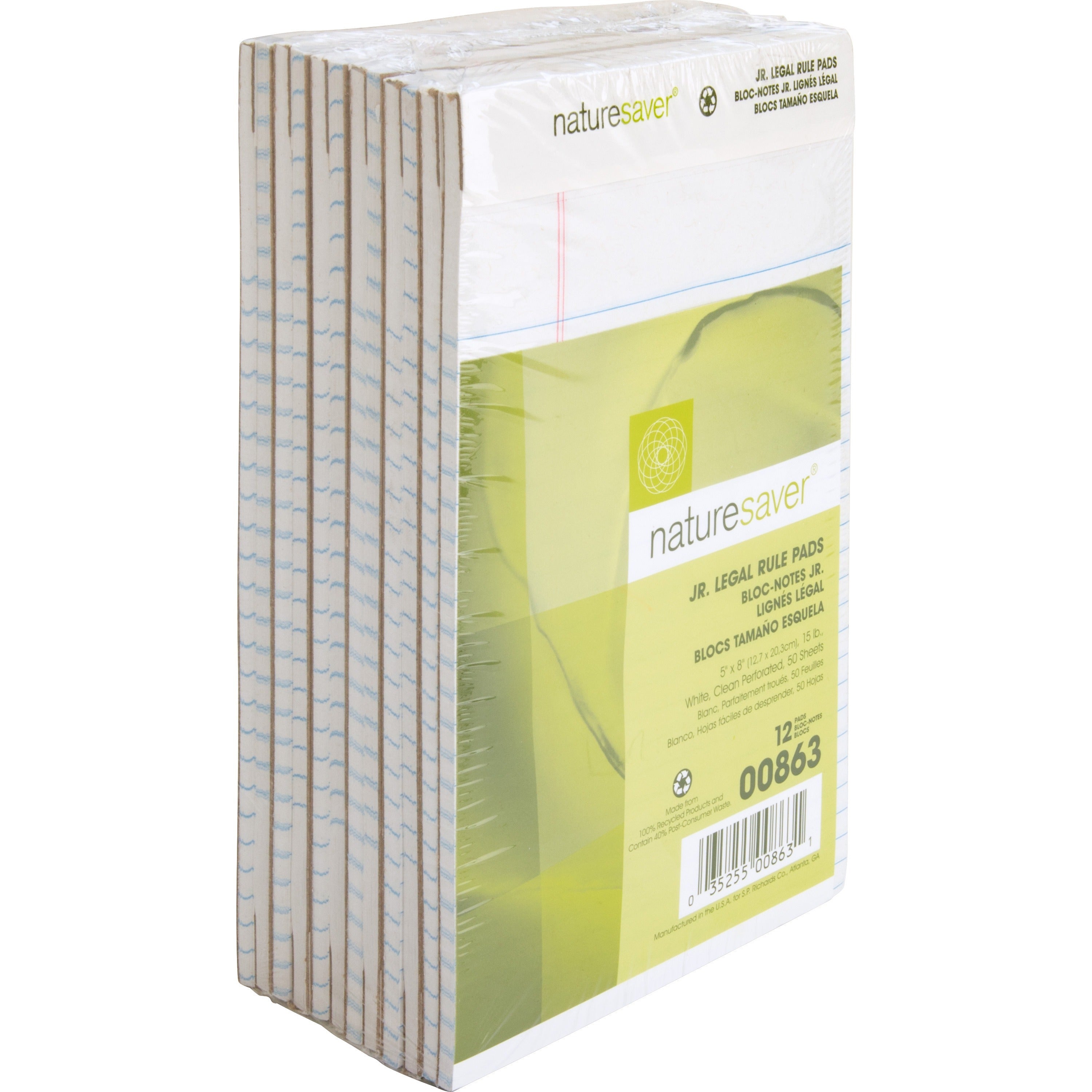 Nature Saver 100% Recycled White Jr. Rule Legal Pads - Jr.Legal - 50 Sheets - 0.28" Ruled - 15 lb Basis Weight - Jr.Legal - 5" x 8" - White Paper - Perforated, Back Board - Recycled - 1 Dozen - 