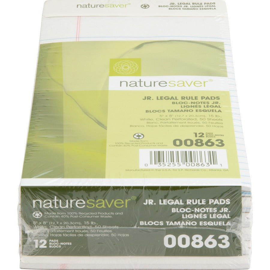 Nature Saver 100% Recycled White Jr. Rule Legal Pads - Jr.Legal - 50 Sheets - 0.28" Ruled - 15 lb Basis Weight - Jr.Legal - 5" x 8" - White Paper - Perforated, Back Board - Recycled - 1 Dozen