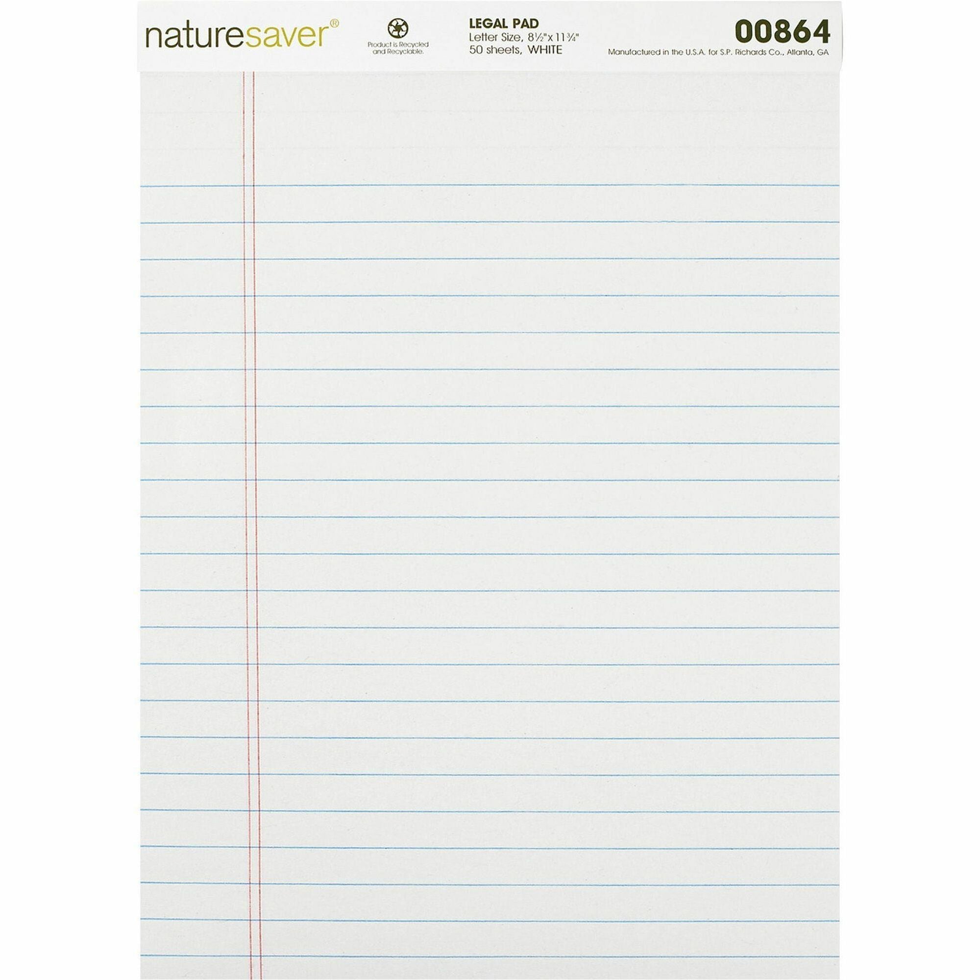 Nature Saver Recycled Legal Ruled Pads - 50 Sheets - 0.34" Ruled - 15 lb Basis Weight - 8 1/2" x 11 3/4" - White Paper - Perforated, Stiff-back, Easy Tear, Back Board - Recycled - 1 / Dozen - 