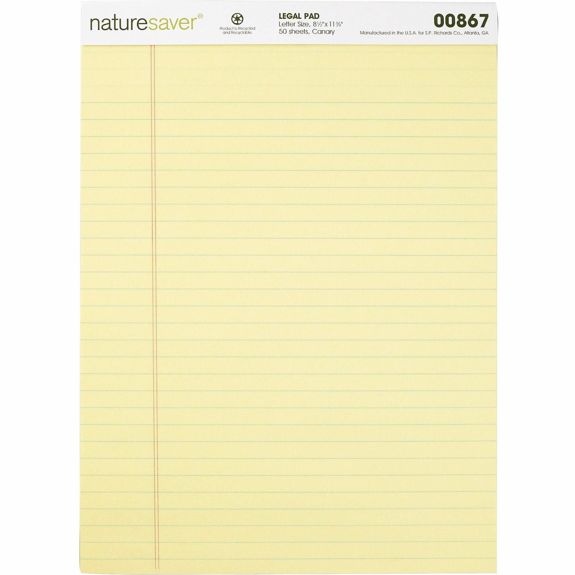 Nature Saver 100% Recycled Canary Legal Ruled Pads - 50 Sheets - 0.34" Ruled - 15 lb Basis Weight - 8 1/2" x 11 3/4" - Canary Paper - Perforated, Stiff-back, Back Board, Easy Tear - Recycled - 1 Dozen - 