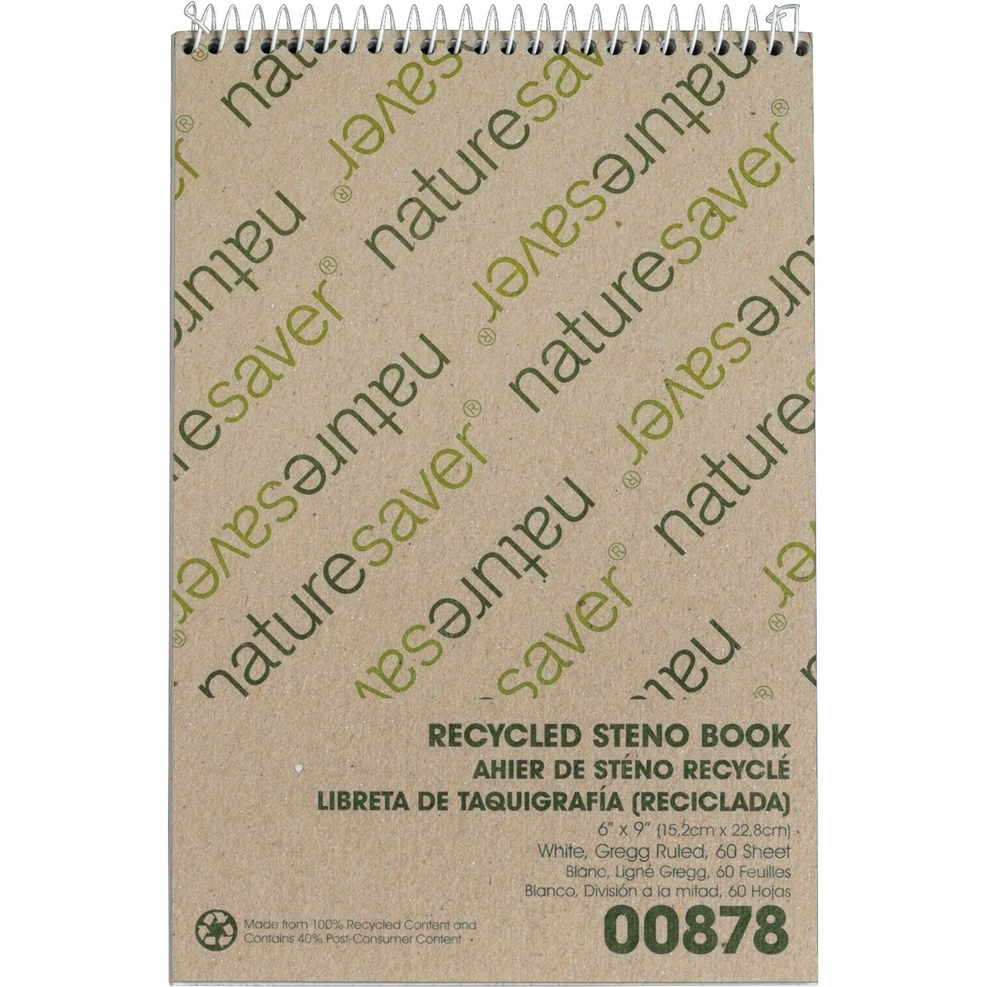 Nature Saver Recycled Steno Book - 60 Sheets - Spiral - 6" x 9" - White Paper - Chipboard Cover - Back Board - Recycled - 1 Each - 