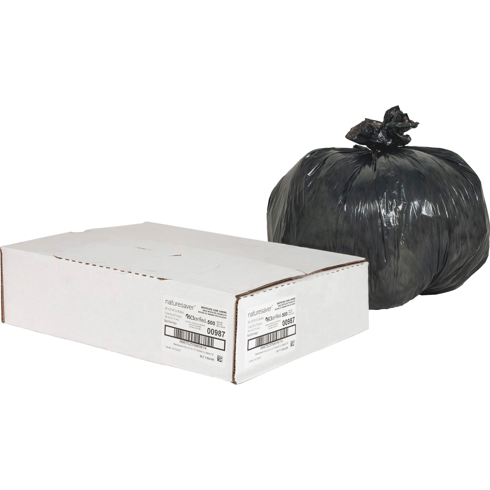 Nature Saver Black Low-density Recycled Can Liners - Small Size - 10 gal Capacity - 24" Width x 23" Length - 0.85 mil (22 Micron) Thickness - Low Density - Black - Plastic - 500/Carton - Cleaning Supplies - Recycled - 