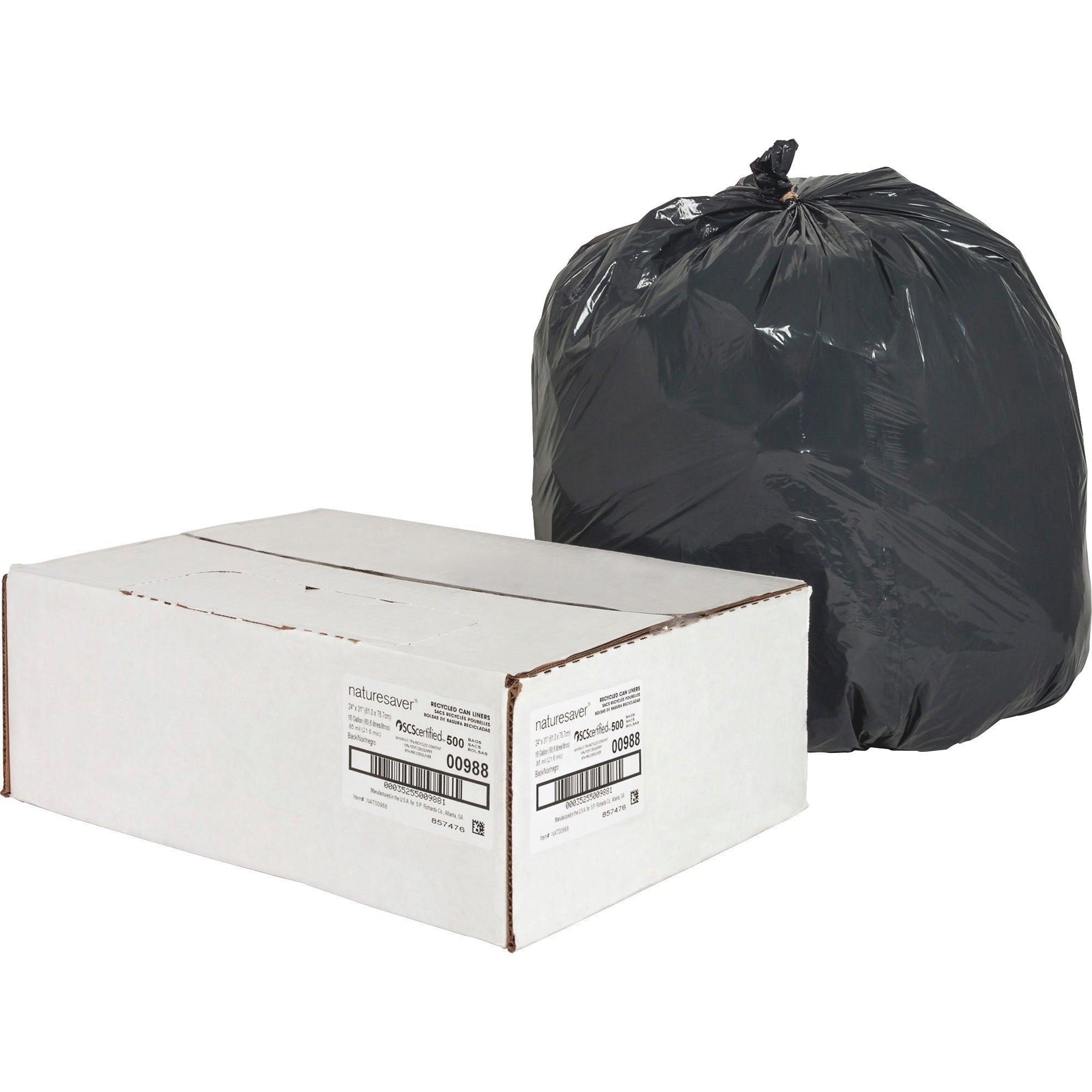 Nature Saver Black Low-density Recycled Can Liners - Small Size - 16 gal Capacity - 24" Width x 33" Length - 0.85 mil (22 Micron) Thickness - Low Density - Black - Plastic - 500/Carton - Cleaning Supplies - Recycled - 