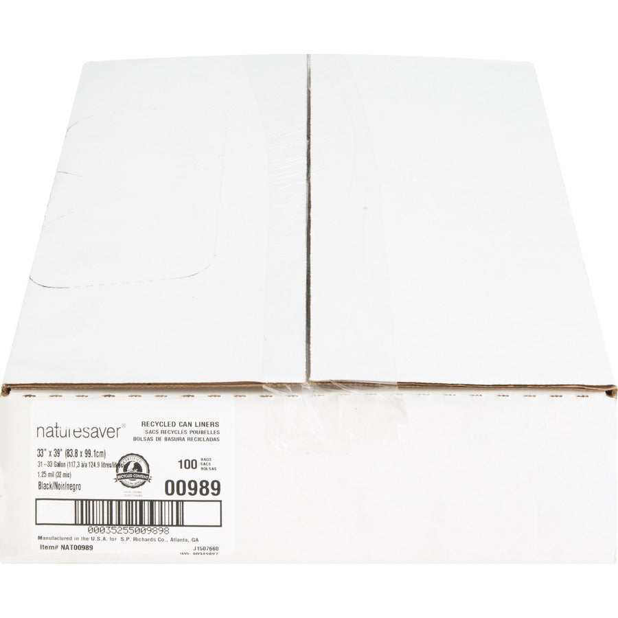 Nature Saver Black Low-density Recycled Can Liners - Medium Size - 33 gal Capacity - 33" Width x 39" Length - 1.25 mil (32 Micron) Thickness - Low Density - Black - Plastic - 100/Carton - Cleaning Supplies - Recycled