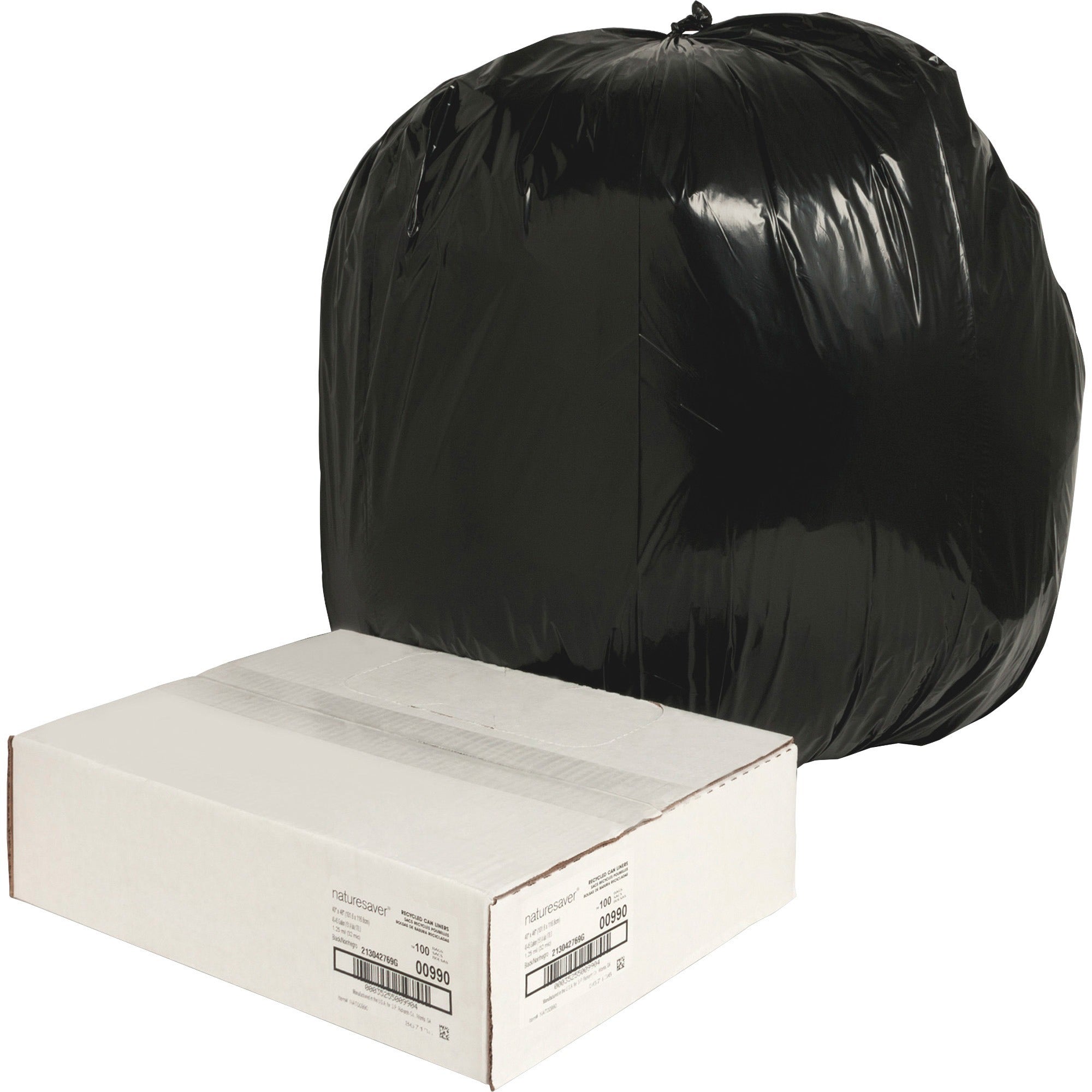 Nature Saver Black Low-density Recycled Can Liners - Large Size - 45 gal Capacity - 40" Width x 46" Length - 1.25 mil (32 Micron) Thickness - Low Density - Black - Plastic - 100/Carton - Cleaning Supplies - Recycled - 