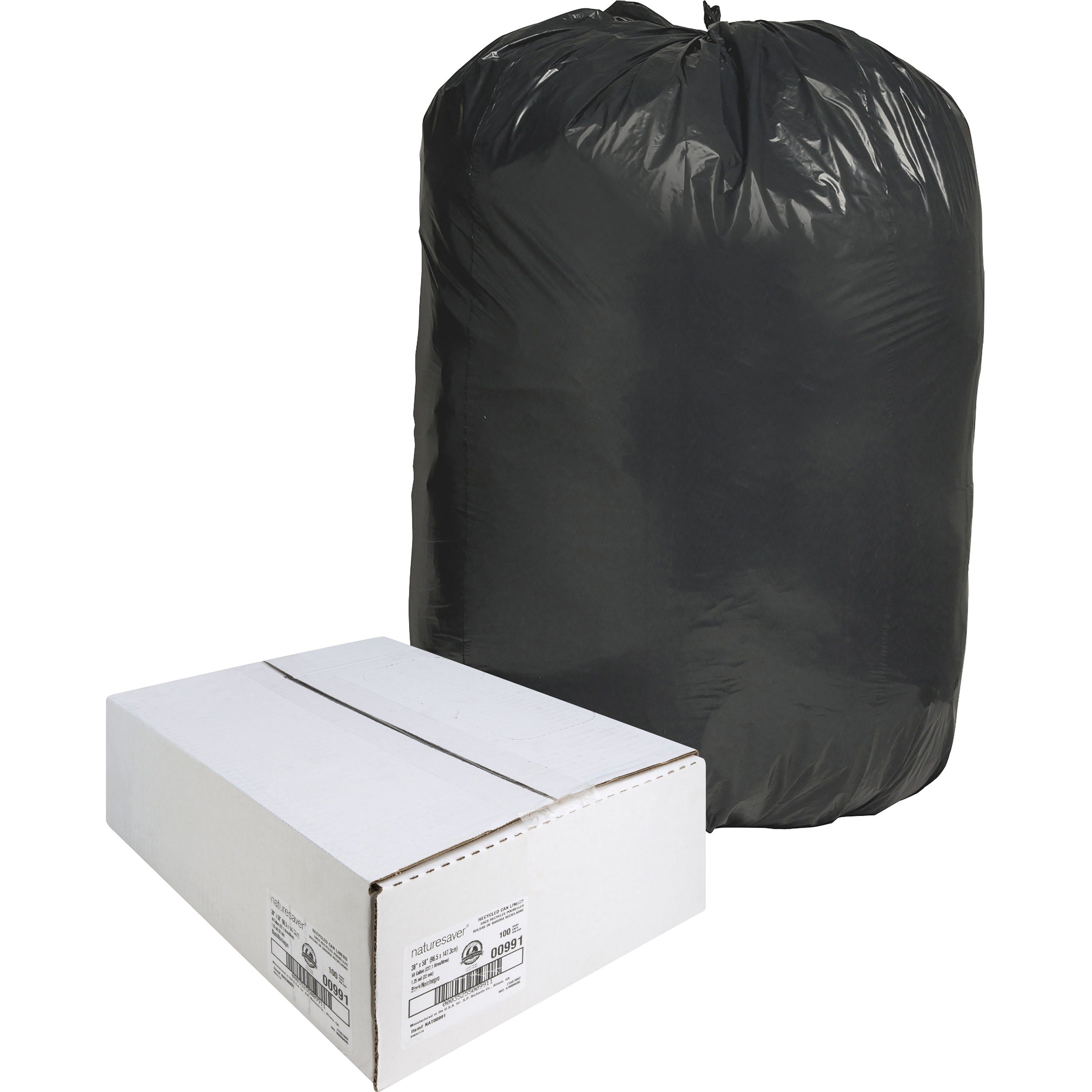 Nature Saver Black Low-density Recycled Can Liners - Extra Large Size - 60 gal Capacity - 38" Width x 58" Length - 1.25 mil (32 Micron) Thickness - Low Density - Black - Plastic - 100/Carton - Cleaning Supplies - Recycled - 