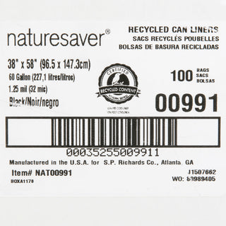 Nature Saver Black Low-density Recycled Can Liners - Extra Large Size - 60 gal Capacity - 38" Width x 58" Length - 1.25 mil (32 Micron) Thickness - Low Density - Black - Plastic - 100/Carton - Cleaning Supplies - Recycled