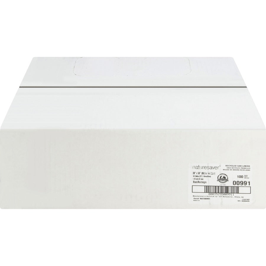 Nature Saver Black Low-density Recycled Can Liners - Extra Large Size - 60 gal Capacity - 38" Width x 58" Length - 1.25 mil (32 Micron) Thickness - Low Density - Black - Plastic - 100/Carton - Cleaning Supplies - Recycled