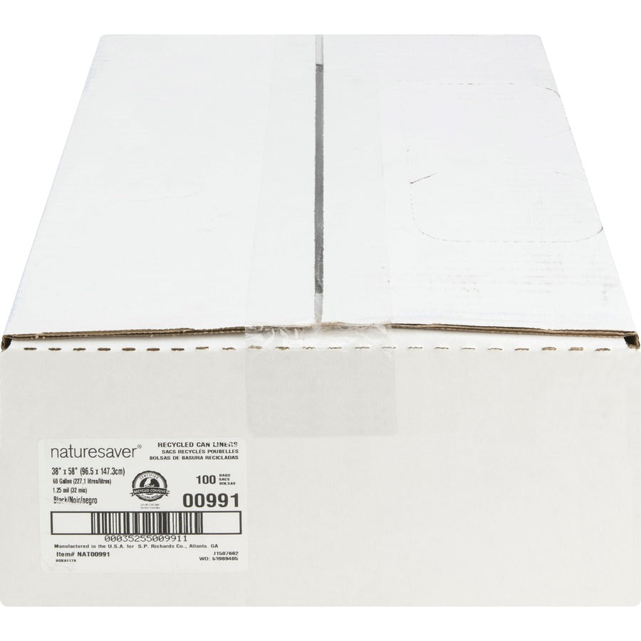 Nature Saver Black Low-density Recycled Can Liners - Extra Large Size - 60 gal Capacity - 38" Width x 58" Length - 1.25 mil (32 Micron) Thickness - Low Density - Black - Plastic - 100/Carton - Cleaning Supplies - Recycled