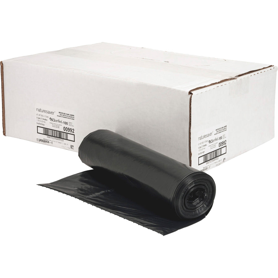 Nature Saver Black Low-density Recycled Can Liners - Extra Large Size - 56 gal Capacity - 43" Width x 48" Length - 1.25 mil (32 Micron) Thickness - Low Density - Black - Plastic - 100/Carton - Cleaning Supplies - Recycled - 