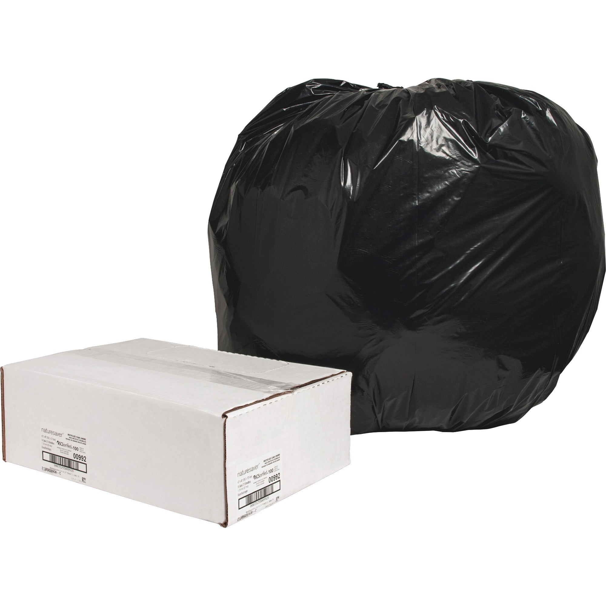 Nature Saver Black Low-density Recycled Can Liners - Extra Large Size - 56 gal Capacity - 43" Width x 48" Length - 1.25 mil (32 Micron) Thickness - Low Density - Black - Plastic - 100/Carton - Cleaning Supplies - Recycled - 