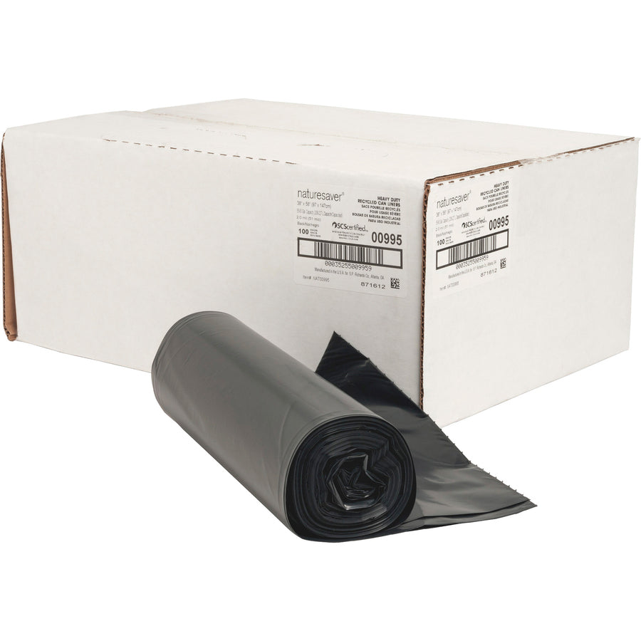 Nature Saver Black Low-density Recycled Can Liners - Extra Large Size - 60 gal Capacity - 38" Width x 58" Length - 2 mil (51 Micron) Thickness - Low Density - Black - Plastic - 100/Carton - Cleaning Supplies - Recycled - 