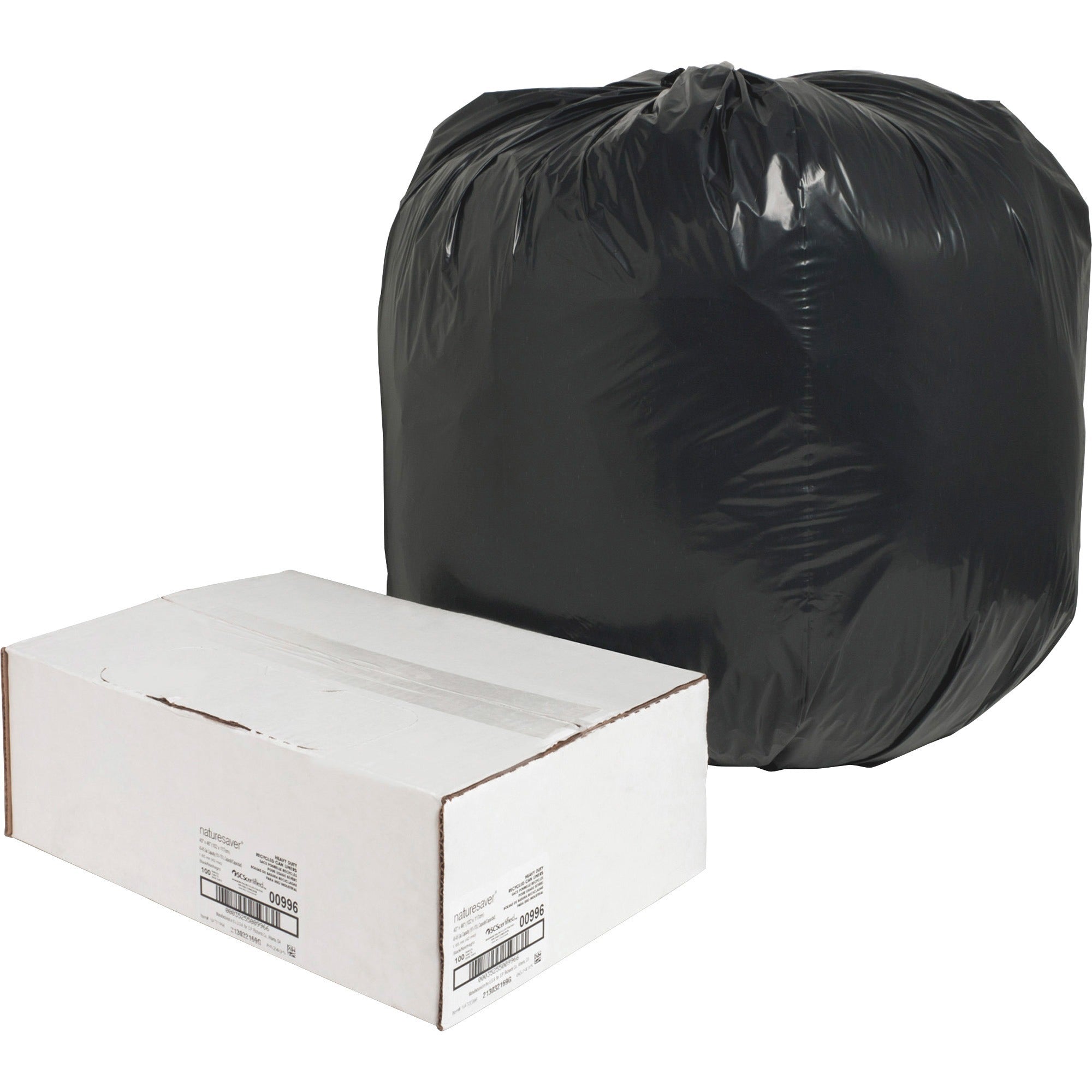 Nature Saver Black Low-density Recycled Can Liners - Large Size - 45 gal Capacity - 40" Width x 46" Length - 1.65 mil (42 Micron) Thickness - Low Density - Black - Plastic - 100/Carton - Cleaning Supplies - Recycled - 1