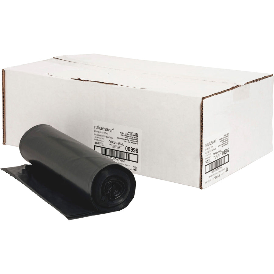 Nature Saver Black Low-density Recycled Can Liners - Large Size - 45 gal Capacity - 40" Width x 46" Length - 1.65 mil (42 Micron) Thickness - Low Density - Black - Plastic - 100/Carton - Cleaning Supplies - Recycled - 4