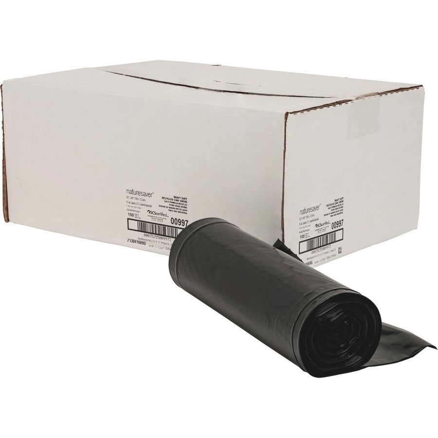 Nature Saver Black Low-density Recycled Can Liners - Extra Large Size - 56 gal Capacity - 43" Width x 48" Length - 1.65 mil (42 Micron) Thickness - Low Density - Black - Plastic - 100/Carton - Cleaning Supplies - Recycled - 