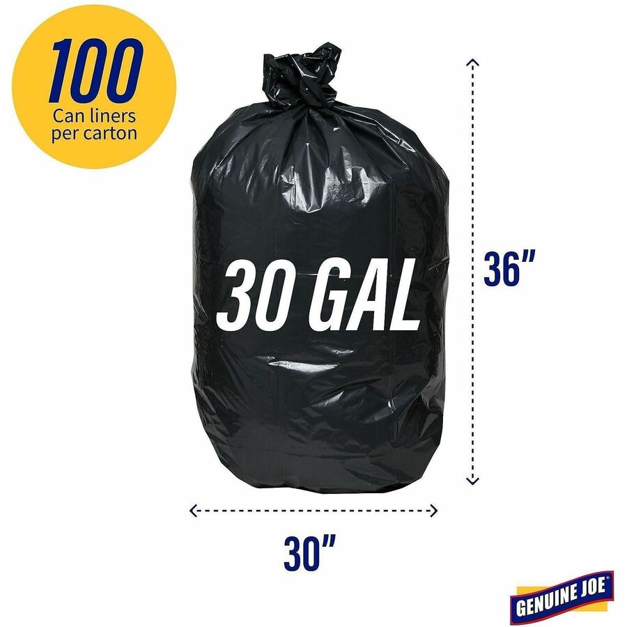Genuine Joe Heavy-Duty Trash Can Liners - Medium Size - 30 gal Capacity - 30" Width x 36" Length - 1.50 mil (38 Micron) Thickness - Low Density - Black - 100/Carton
