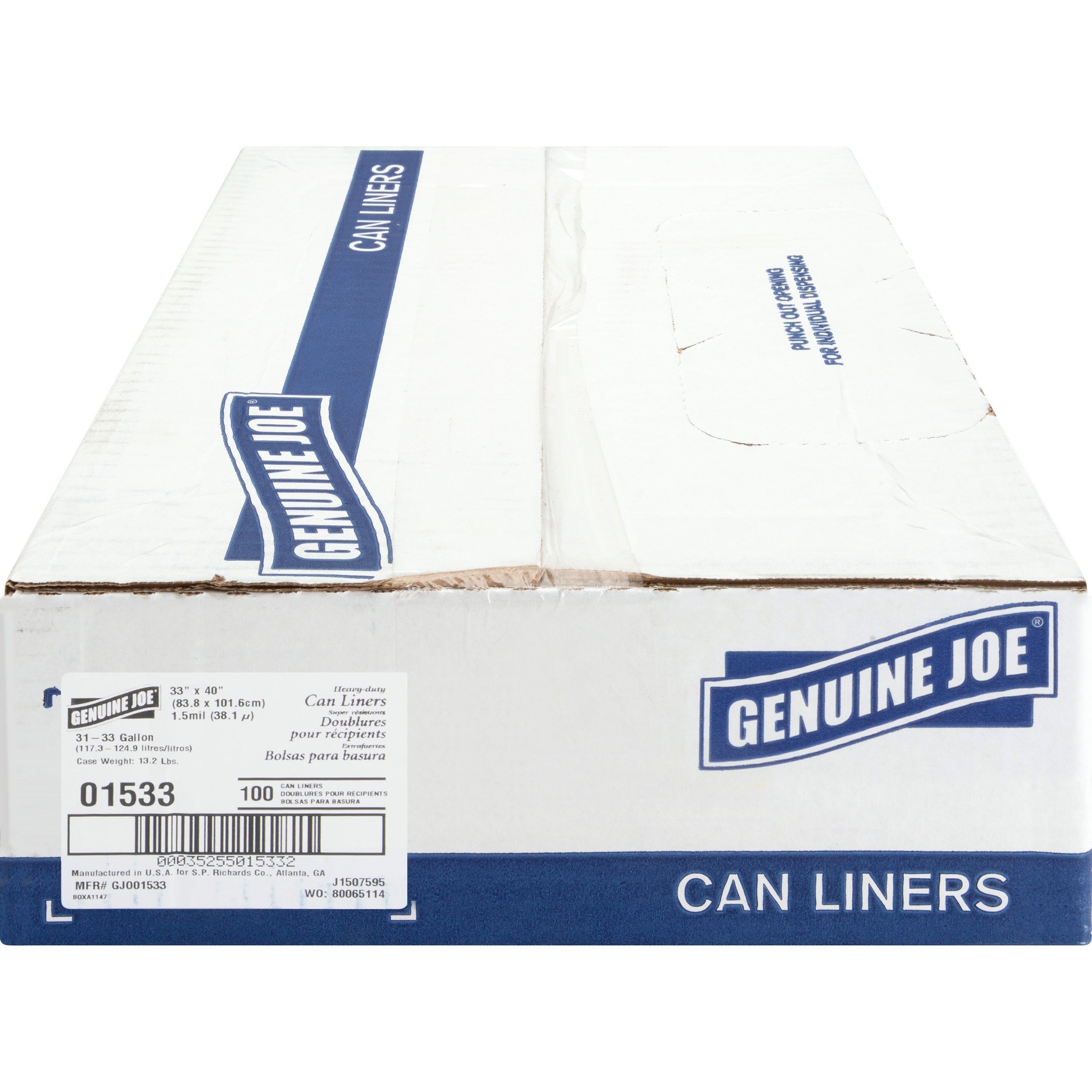 Genuine Joe Heavy-Duty Trash Can Liners - Medium Size - 33 gal Capacity - 33" Width x 40" Length - 1.50 mil (38 Micron) Thickness - Low Density - Black - 100/Carton - 