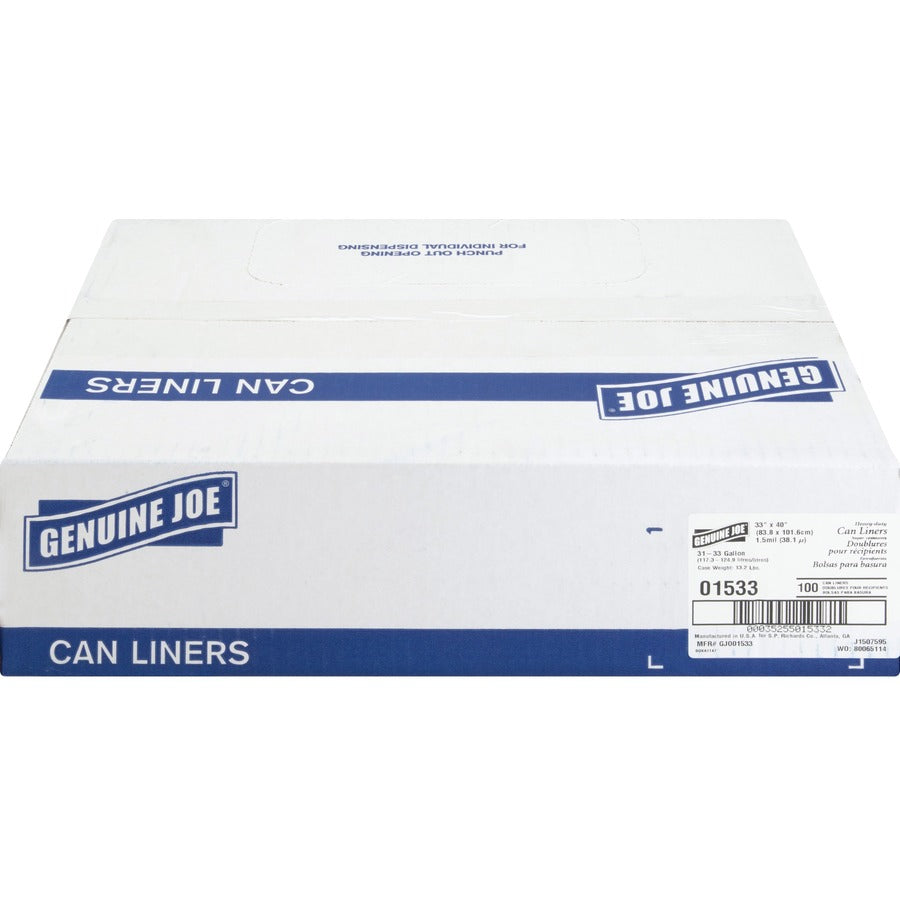 Genuine Joe Heavy-Duty Trash Can Liners - Medium Size - 33 gal Capacity - 33" Width x 40" Length - 1.50 mil (38 Micron) Thickness - Low Density - Black - 100/Carton