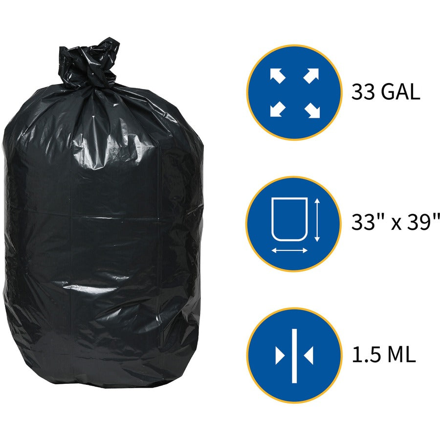 Genuine Joe Heavy-Duty Trash Can Liners - Medium Size - 33 gal Capacity - 33" Width x 40" Length - 1.50 mil (38 Micron) Thickness - Low Density - Black - 100/Carton