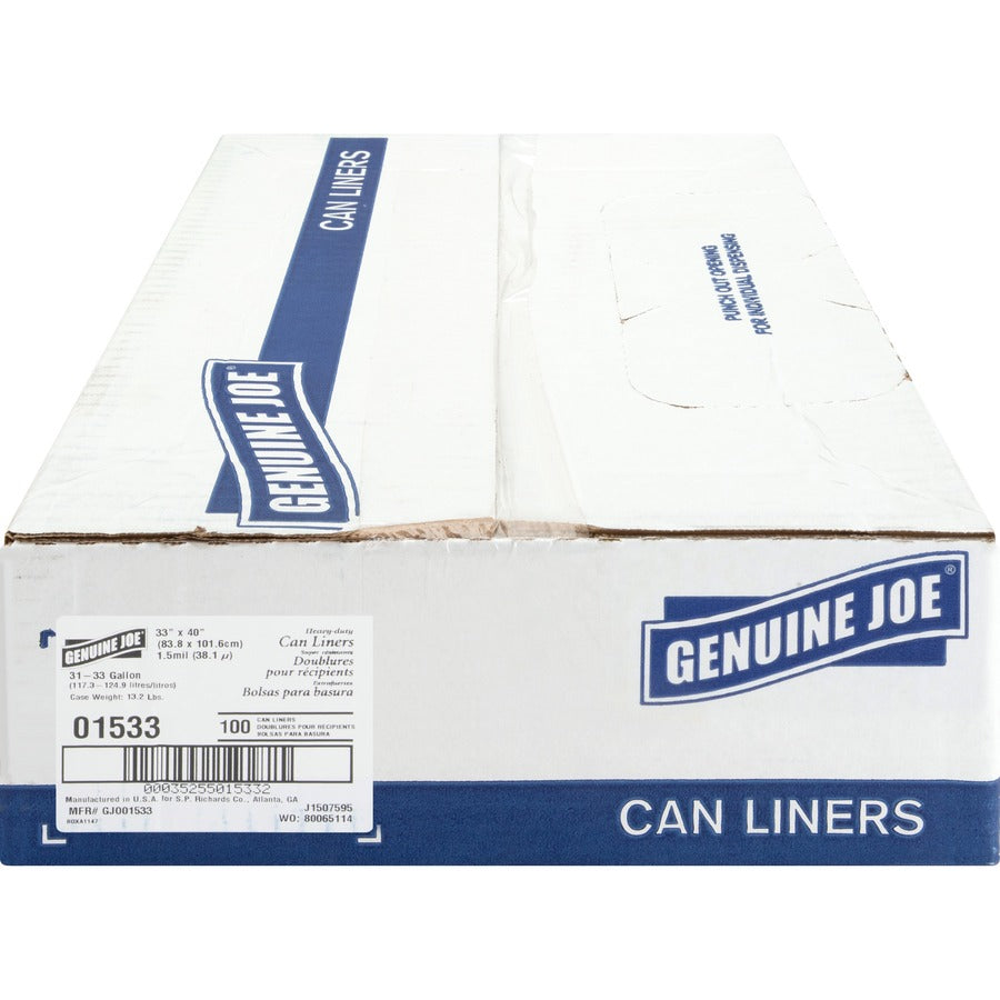 Genuine Joe Heavy-Duty Trash Can Liners - Medium Size - 33 gal Capacity - 33" Width x 40" Length - 1.50 mil (38 Micron) Thickness - Low Density - Black - 100/Carton