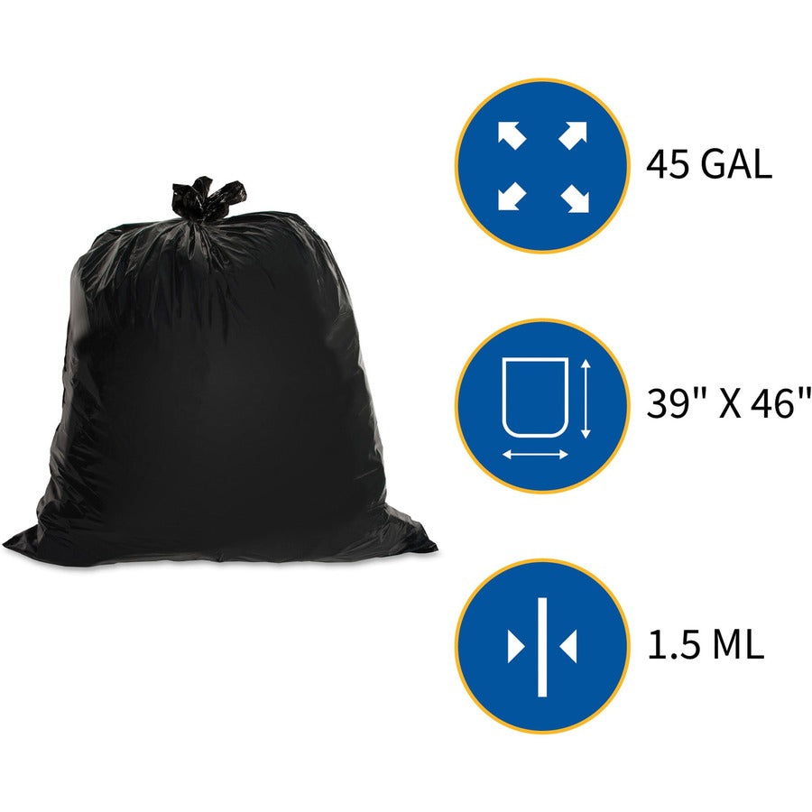 Genuine Joe Heavy-Duty Trash Can Liners - Large Size - 45 gal Capacity - 39" Width x 46" Length - 1.50 mil (38 Micron) Thickness - Low Density - Black - 50/Carton - 