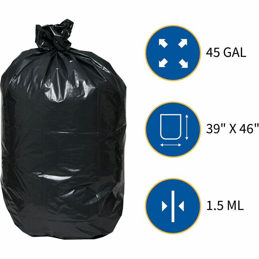 Genuine Joe Heavy-Duty Trash Can Liners - Large Size - 45 gal Capacity - 39" Width x 46" Length - 1.50 mil (38 Micron) Thickness - Low Density - Black - 50/Carton