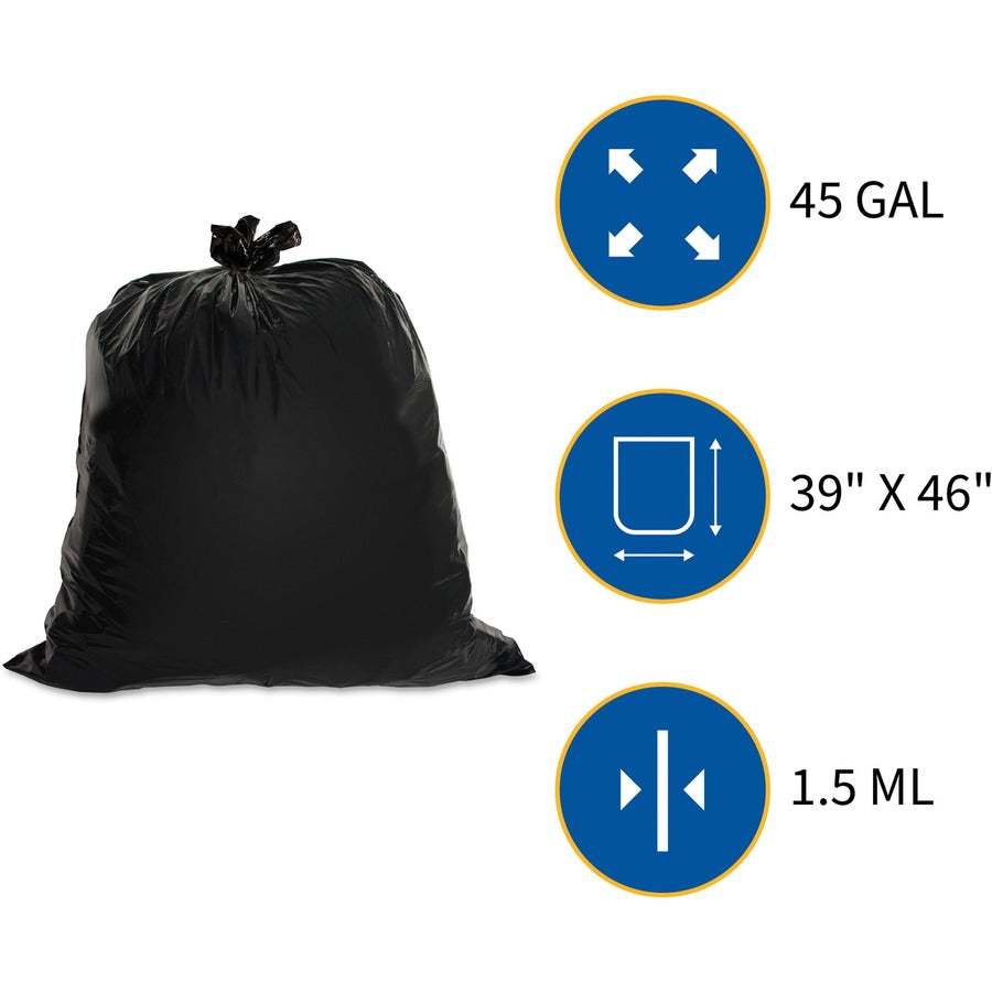Genuine Joe Heavy-Duty Trash Can Liners - Large Size - 45 gal Capacity - 39" Width x 46" Length - 1.50 mil (38 Micron) Thickness - Low Density - Black - 50/Carton