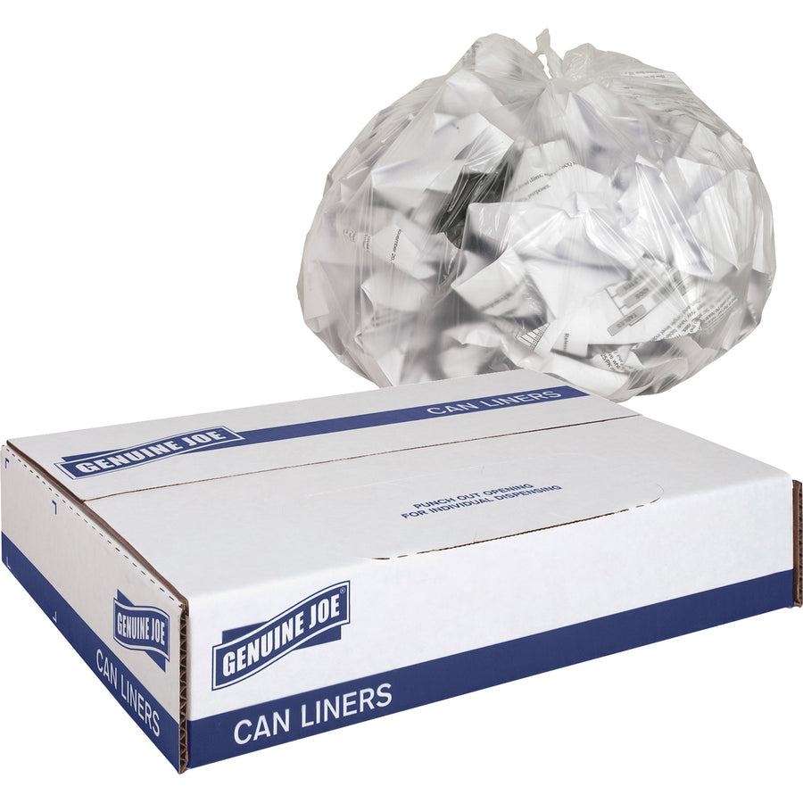 Genuine Joe High-Density Can Liners - Small Size - 10 gal Capacity - 24" Width x 24" Length - 0.31 mil (8 Micron) Thickness - High Density - Clear - Resin - 20/Carton - 50 Per Roll - Office Waste, Industrial Trash - 
