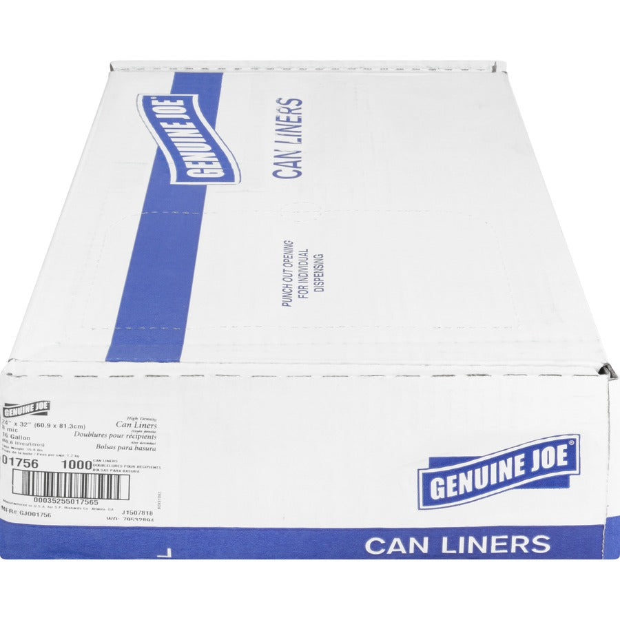 Genuine Joe High-Density Can Liners - Small Size - 16 gal Capacity - 24" Width x 32" Length - 0.31 mil (8 Micron) Thickness - High Density - Clear - Resin - 20/Carton - 50 Per Roll - Office Waste, Industrial Trash