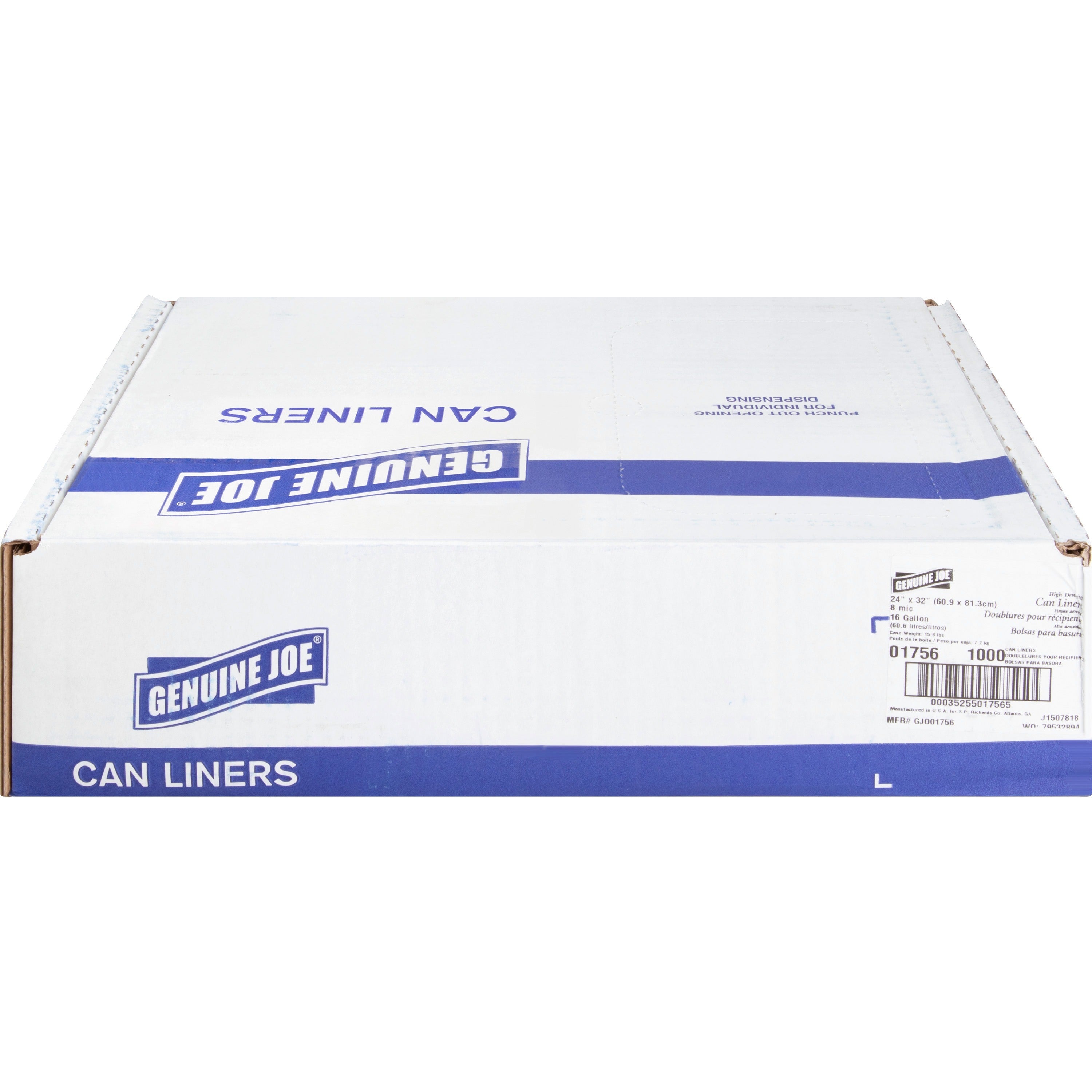 Genuine Joe High-Density Can Liners - Small Size - 16 gal Capacity - 24" Width x 32" Length - 0.31 mil (8 Micron) Thickness - High Density - Clear - Resin - 20/Carton - 50 Per Roll - Office Waste, Industrial Trash - 