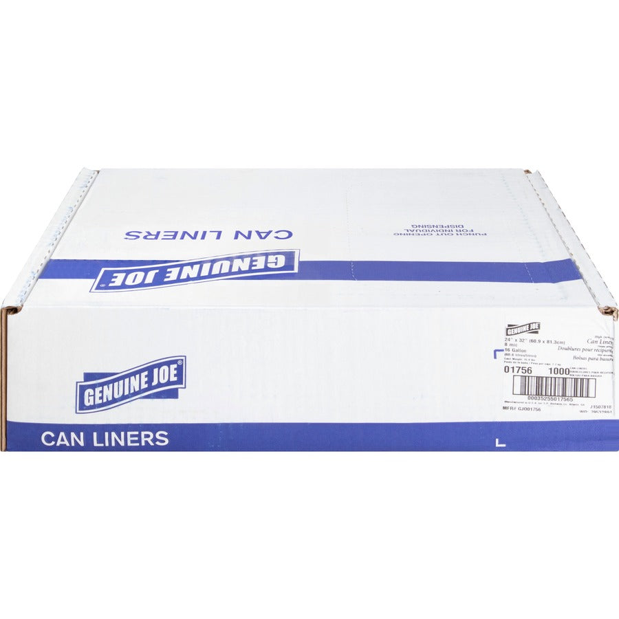 Genuine Joe High-Density Can Liners - Small Size - 16 gal Capacity - 24" Width x 32" Length - 0.31 mil (8 Micron) Thickness - High Density - Clear - Resin - 20/Carton - 50 Per Roll - Office Waste, Industrial Trash