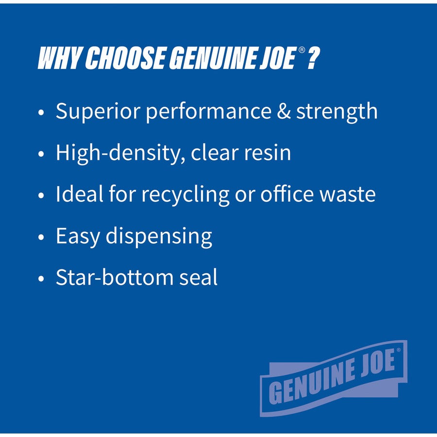 Genuine Joe High-Density Can Liners - Medium Size - 33 gal Capacity - 33" Width x 40" Length - 0.43 mil (11 Micron) Thickness - High Density - Clear - Resin - 20/Carton - 25 Per Roll - Office Waste, Industrial Trash - 