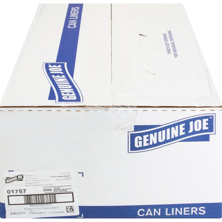 Genuine Joe High-Density Can Liners - Medium Size - 33 gal Capacity - 33" Width x 40" Length - 0.43 mil (11 Micron) Thickness - High Density - Clear - Resin - 20/Carton - 25 Per Roll - Office Waste, Industrial Trash
