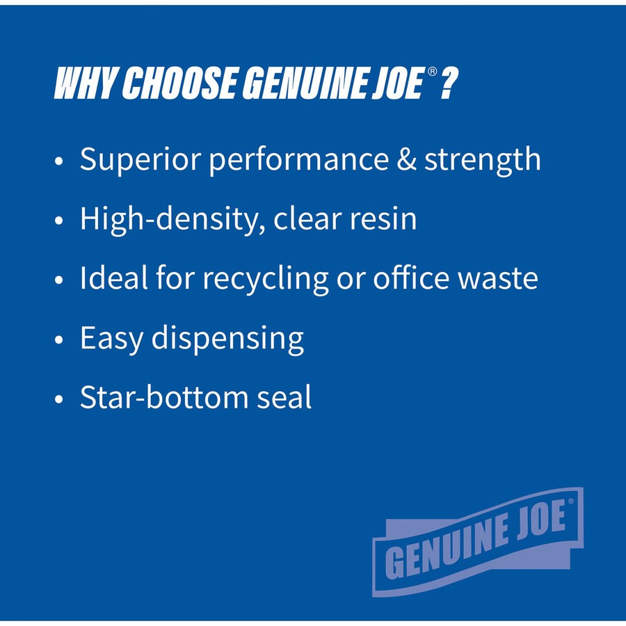 Genuine Joe High-Density Can Liners - Medium Size - 33 gal Capacity - 33" Width x 40" Length - 0.43 mil (11 Micron) Thickness - High Density - Clear - Resin - 20/Carton - 25 Per Roll - Office Waste, Industrial Trash
