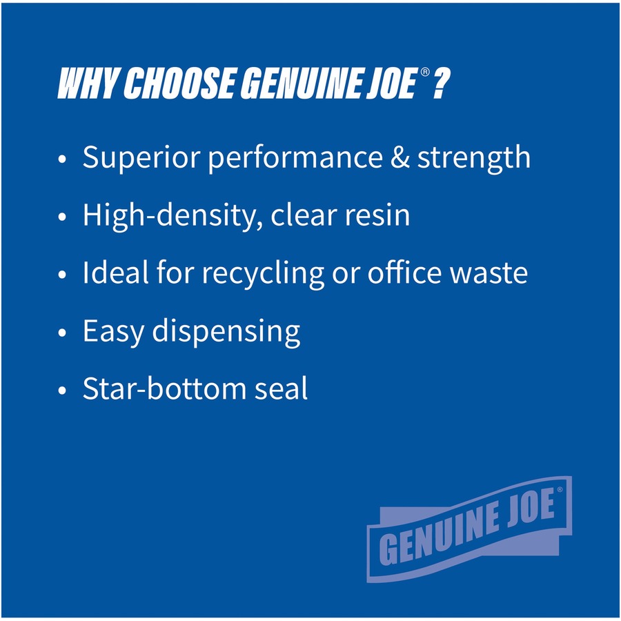 Genuine Joe High-density Can Liners - Large Size - 45 gal Capacity - 40" Width x 48" Length - 0.63 mil (16 Micron) Thickness - High Density - Clear - Resin - 10/Carton - 25 Per Roll - Office Waste, Industrial Trash - 