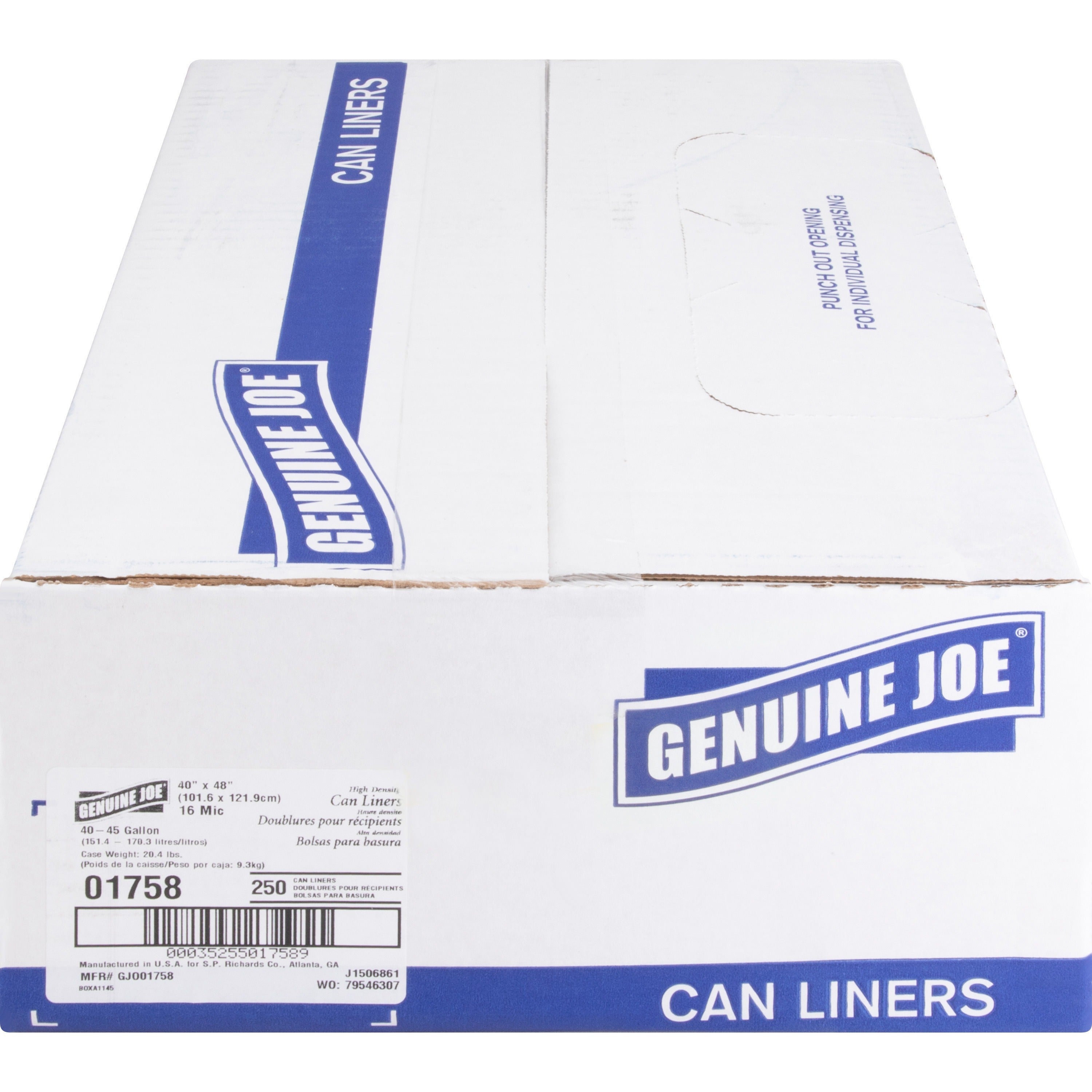 Genuine Joe High-density Can Liners - Large Size - 45 gal Capacity - 40" Width x 48" Length - 0.63 mil (16 Micron) Thickness - High Density - Clear - Resin - 10/Carton - 25 Per Roll - Office Waste, Industrial Trash - 