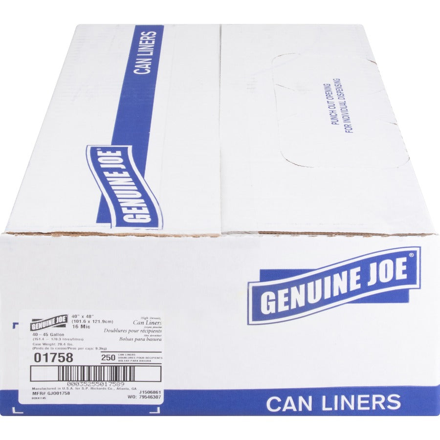 Genuine Joe High-density Can Liners - Large Size - 45 gal Capacity - 40" Width x 48" Length - 0.63 mil (16 Micron) Thickness - High Density - Clear - Resin - 10/Carton - 25 Per Roll - Office Waste, Industrial Trash
