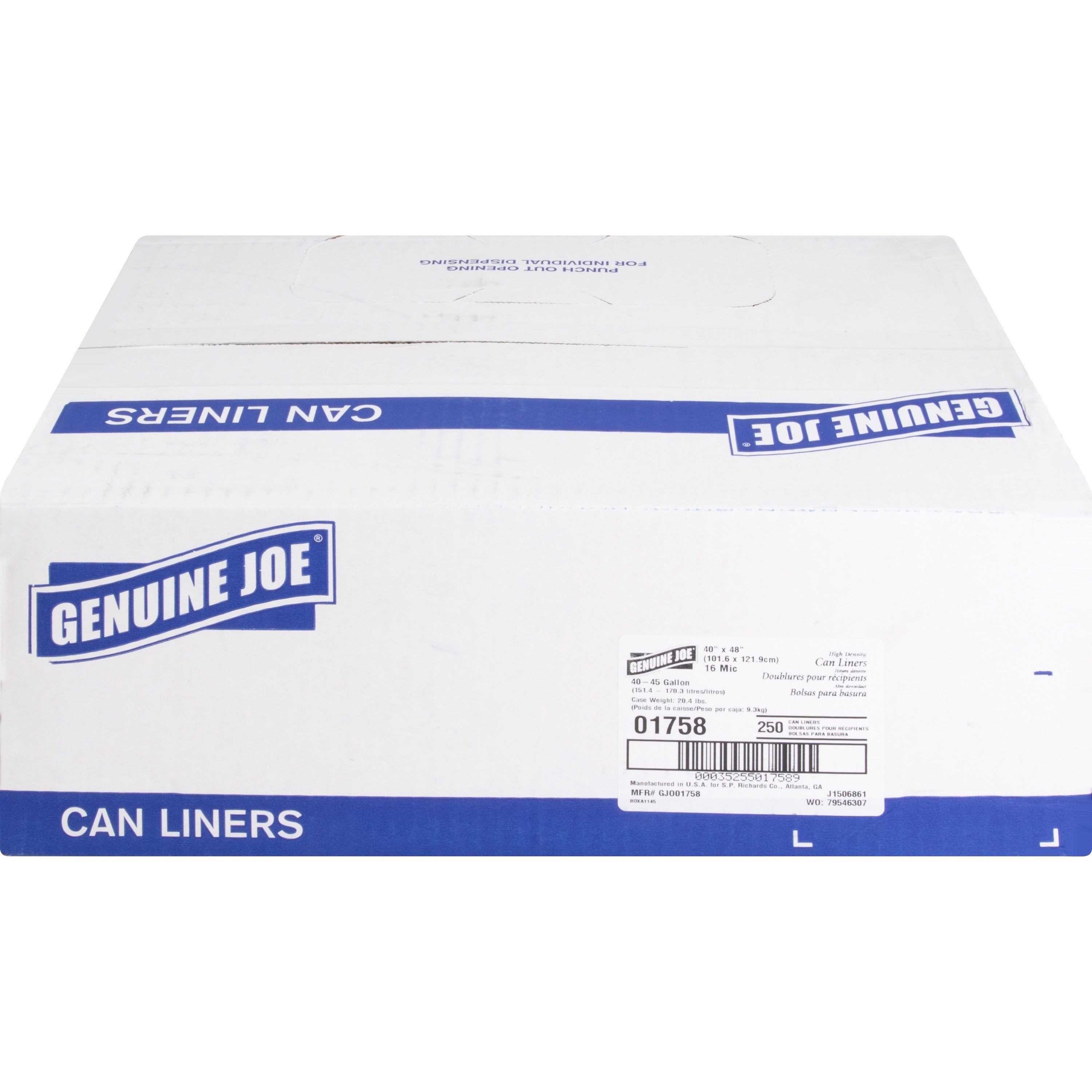 Genuine Joe High-density Can Liners - Large Size - 45 gal Capacity - 40" Width x 48" Length - 0.63 mil (16 Micron) Thickness - High Density - Clear - Resin - 10/Carton - 25 Per Roll - Office Waste, Industrial Trash - 