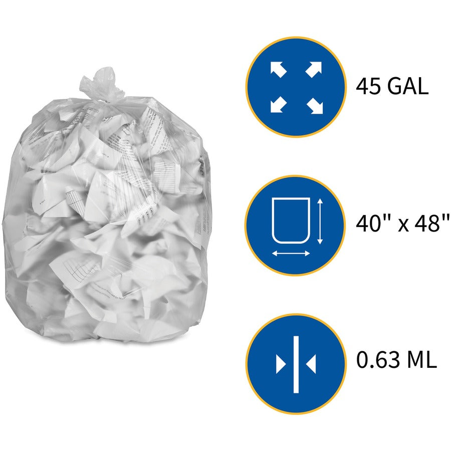 Genuine Joe High-density Can Liners - Large Size - 45 gal Capacity - 40" Width x 48" Length - 0.63 mil (16 Micron) Thickness - High Density - Clear - Resin - 10/Carton - 25 Per Roll - Office Waste, Industrial Trash - 