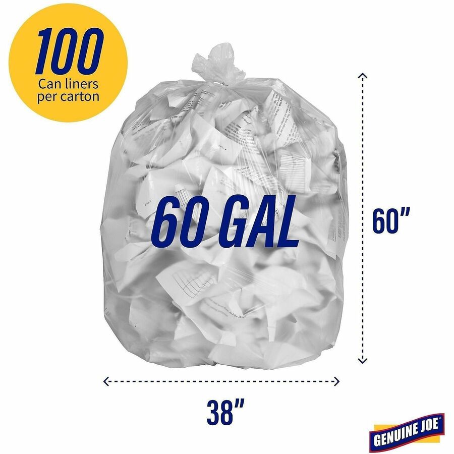 Genuine Joe High-Density Can Liners - Extra Large Size - 60 gal Capacity - 38" Width x 60" Length - 0.67 mil (17 Micron) Thickness - High Density - Clear - Resin - 10/Carton - 20 Per Roll - Office Waste, Industrial Trash