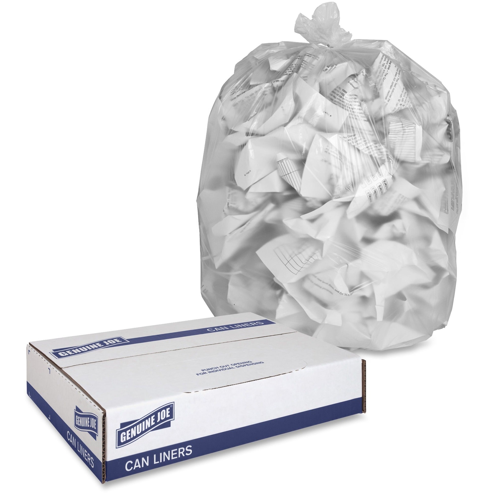 Genuine Joe High-Density Can Liners - Extra Large Size - 60 gal Capacity - 38" Width x 60" Length - 0.67 mil (17 Micron) Thickness - High Density - Clear - Resin - 10/Carton - 20 Per Roll - Office Waste, Industrial Trash - 