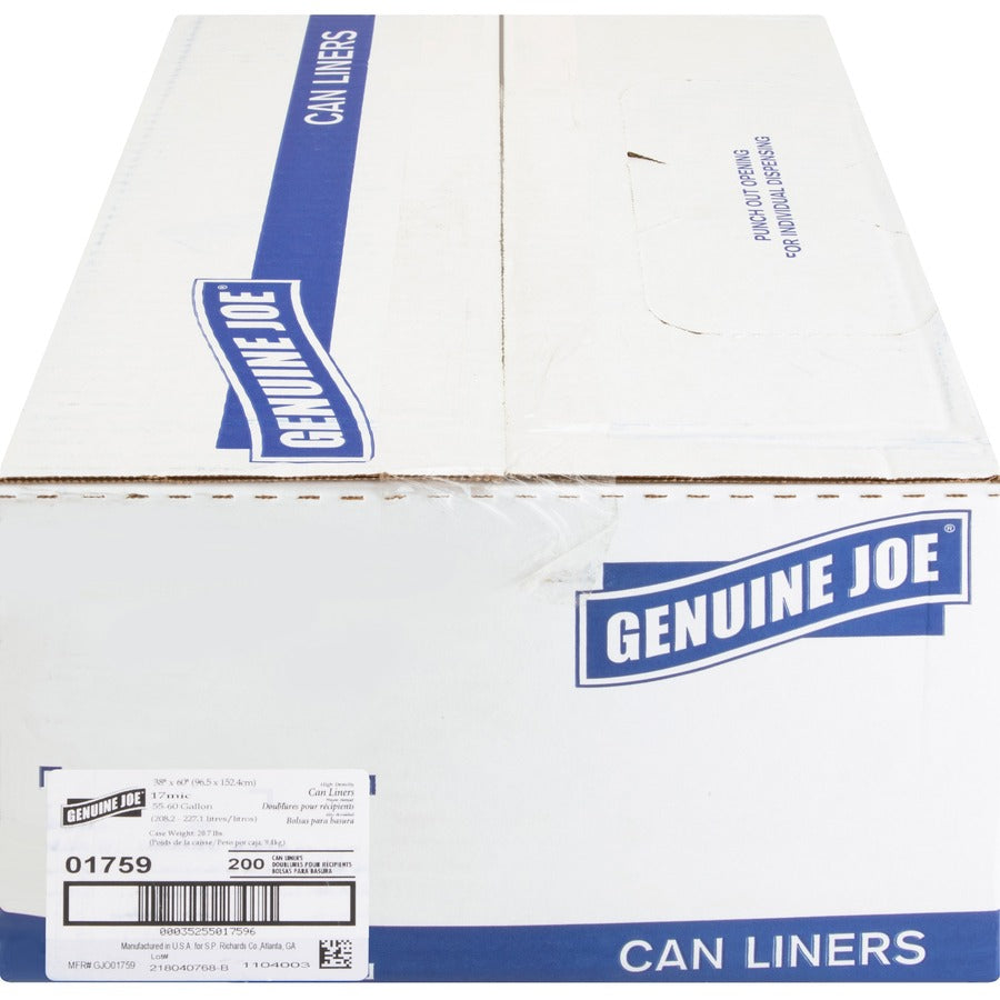 Genuine Joe High-Density Can Liners - Extra Large Size - 60 gal Capacity - 38" Width x 60" Length - 0.67 mil (17 Micron) Thickness - High Density - Clear - Resin - 10/Carton - 20 Per Roll - Office Waste, Industrial Trash